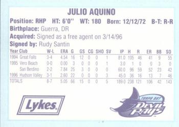 1996 Tampa Bay Devil Rays A Team is Born #NNO Julio Aquino Back