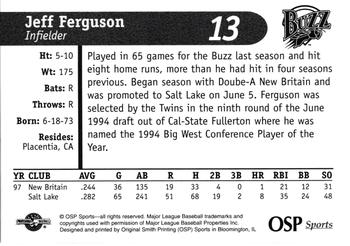 1998 OSP Sports Salt Lake Buzz #13 Jeff Ferguson Back