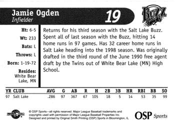 1998 OSP Sports Salt Lake Buzz #19 Jamie Ogden Back
