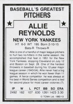 1982 TCMA Baseball's Greatest Pitchers (White Back) #13 Allie Reynolds Back