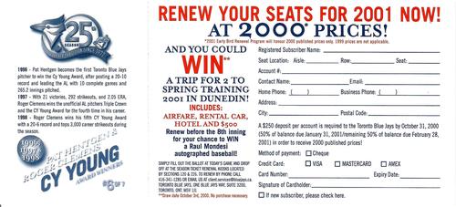 2000 Toronto Blue Jays Season Ticket Early Bird Renewal Program #6 Pat Hentgen / Roger Clemens Back