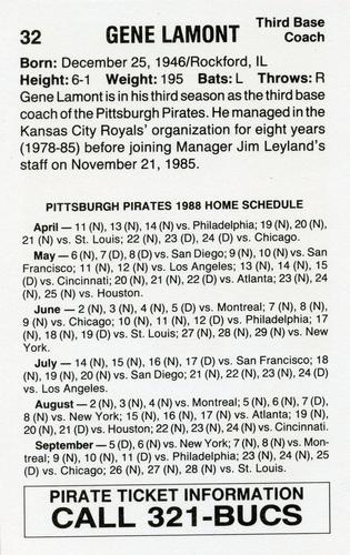 1988 Pittsburgh Pirates Schedule Postcards #NNO Gene Lamont Back