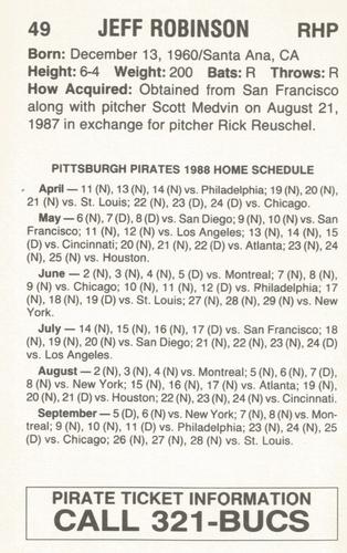 1988 Pittsburgh Pirates Schedule Postcards #NNO Jeff Robinson Back