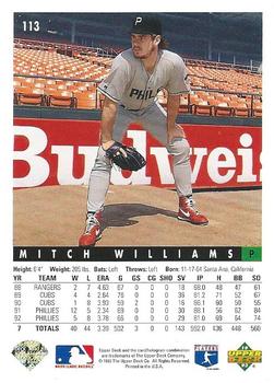 1993 Upper Deck #113 Mitch Williams Back