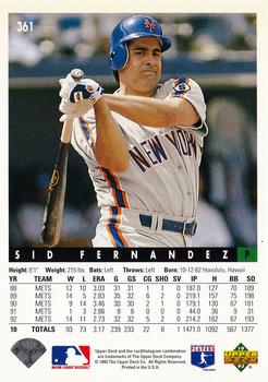 1993 Upper Deck #361 Sid Fernandez Back