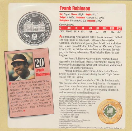 1990 National Baseball Hall of Fame and Museum The Legends of Baseball 500 Club #NNO Frank Robinson Back
