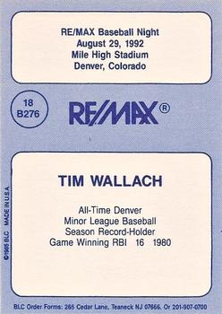 1992 Big League Cards RE/MAX Baseball Night #18 B276 Tim Wallach Back