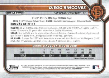2022 Bowman - Prospects Neon Green #BP-65 Diego Rincones Back