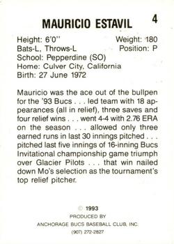 1993 Anchorage Bucs #4 Mauricio Estavil Back