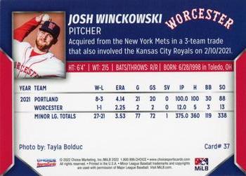 2022 Choice Worcester Red Sox #37 Josh Winckowski Back