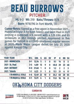 2022 Choice Oklahoma City Dodgers #05 Beau Burrows Back