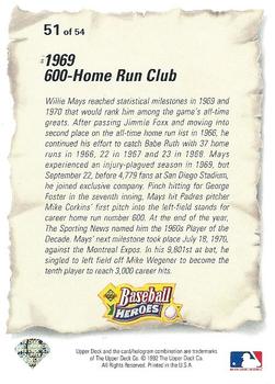 1993 Upper Deck - Baseball Heroes: Willie Mays #51 Willie Mays Back