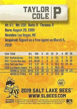 2019 Choice Salt Lake Bees #07 Taylor Cole Back