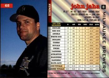 1994 Bowman #65 John Jaha Back
