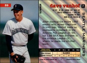 1994 Bowman #89 Dave Vanhof Back