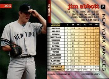 1994 Bowman #193 Jim Abbott Back