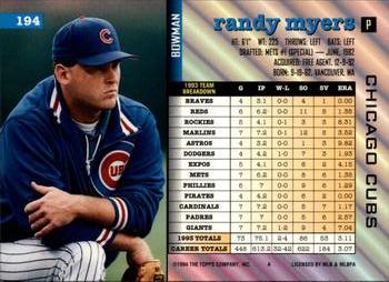 1994 Bowman #194 Randy Myers Back