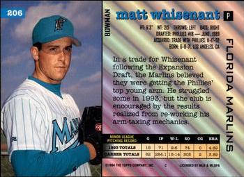 1994 Bowman #206 Matt Whisenant Back