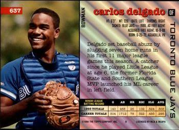 1994 Bowman #637 Carlos Delgado Back