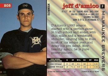 1994 Bowman #205 Jeff D'Amico Back