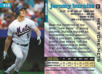1994 Bowman #512 Jeromy Burnitz Back