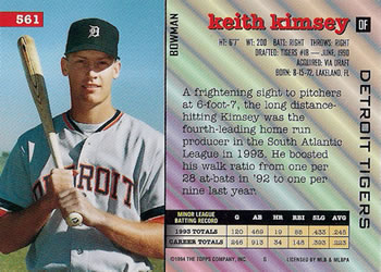 1994 Bowman #561 Keith Kimsey Back