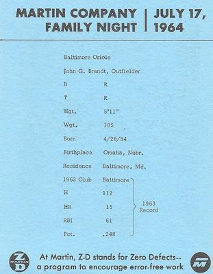 1964 Baltimore Orioles Martin Family Night SGA #NNO Jack Brandt Back