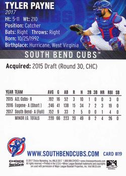 2017 Choice South Bend Cubs #19 Tyler Payne Back