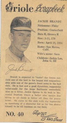 1960 Baltimore News-Post Baltimore Orioles Scrapbook Cards #40 Jackie Brandt Front