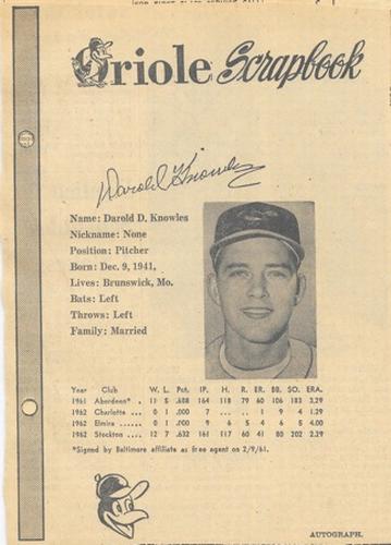 1963 Baltimore News-Post Baltimore Orioles Scrapbook Cards #NNO Darold Knowles Front