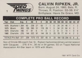 1981 WTF Rochester Red Wings #1 Calvin Ripken Jr. Back