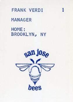 1983 Barry Colla San Jose Bees #1 Frank Verdi Back