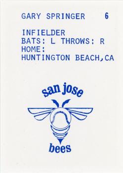 1983 Barry Colla San Jose Bees #6 Gary Springer Back