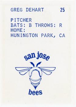 1983 Barry Colla San Jose Bees #25 Greg Dehart Back