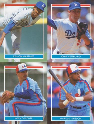 1990 Publications International Hottest 50 Rookies Stickers - Panels #NNO Ramon Martinez / John Wetteland / Mark Gardner / Marquis Grissom Front