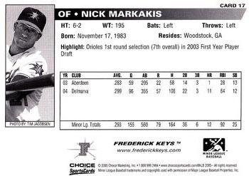 2005 Choice Frederick Keys #17 Nick Markakis Back