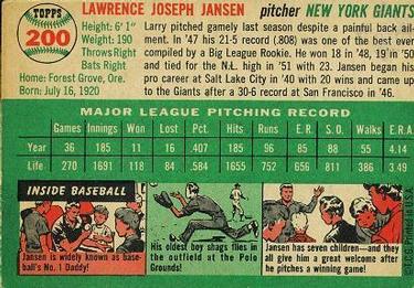 1954 Topps #200 Larry Jansen Back