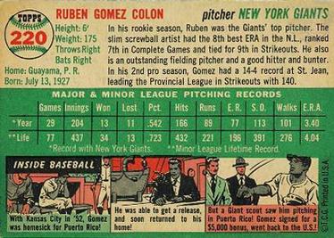 1954 Topps #220 Ruben Gomez Back