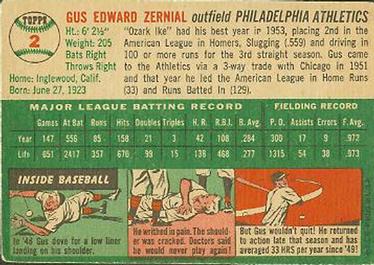 1954 Topps #2 Gus Zernial Back