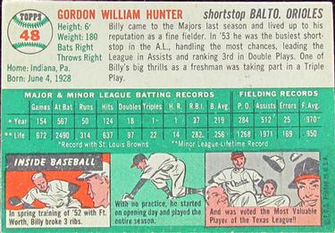 1954 Topps #48 Billy Hunter Back