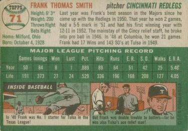 1954 Topps #71 Frank Smith Back
