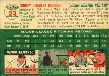 1954 Topps #93 Sid Hudson Back