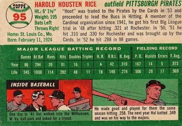1954 Topps #95 Hal Rice Back