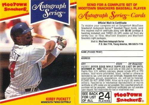1992 MooTown Snackers - Foldout Panels #6 Kirby Puckett Front