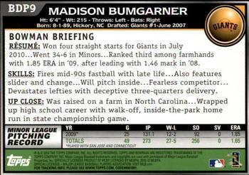 2010 Bowman Draft Picks & Prospects #BDP9 Madison Bumgarner  Back
