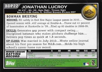 2010 Bowman Draft Picks & Prospects #BDP22 Jonathan Lucroy  Back