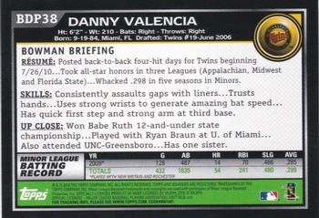 2010 Bowman Draft Picks & Prospects #BDP38 Danny Valencia  Back