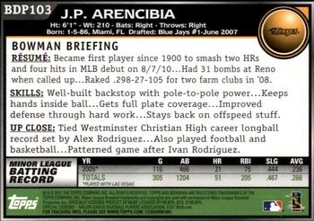 2010 Bowman Draft Picks & Prospects #BDP103 J.P. Arencibia  Back