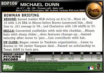2010 Bowman Draft Picks & Prospects #BDP106 Michael Dunn  Back