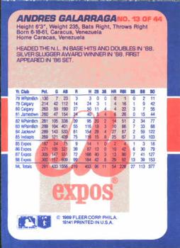 1989 Fleer Baseball's Exciting Stars #13 Andres Galarraga Back